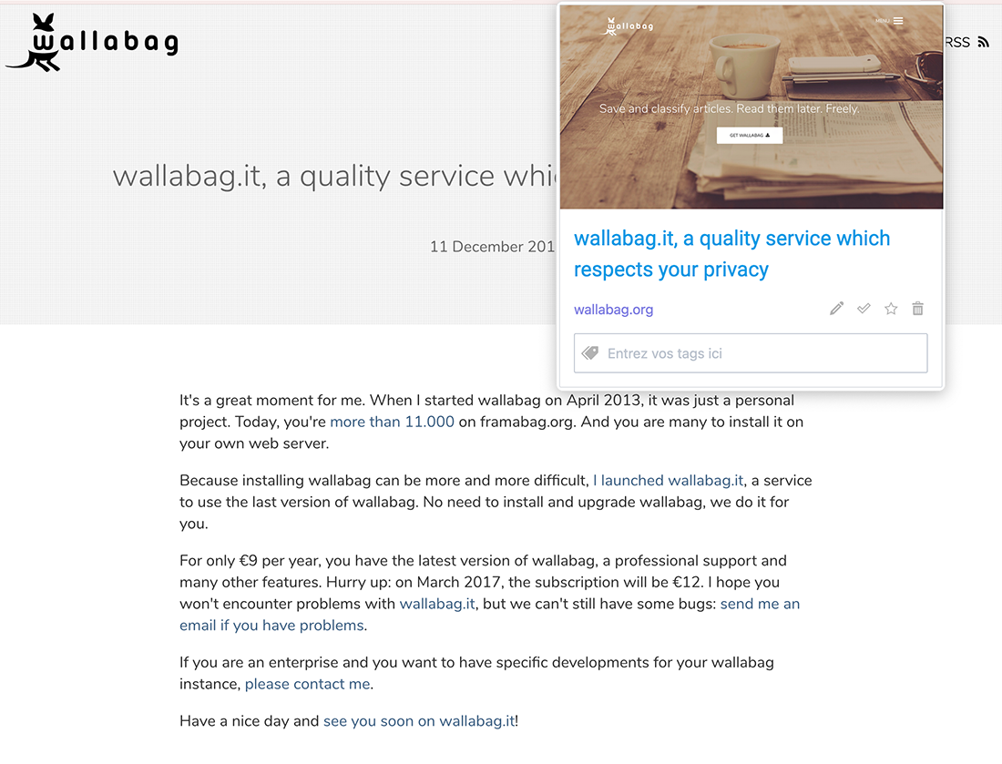 wallabag browser extension saving an article in one click.