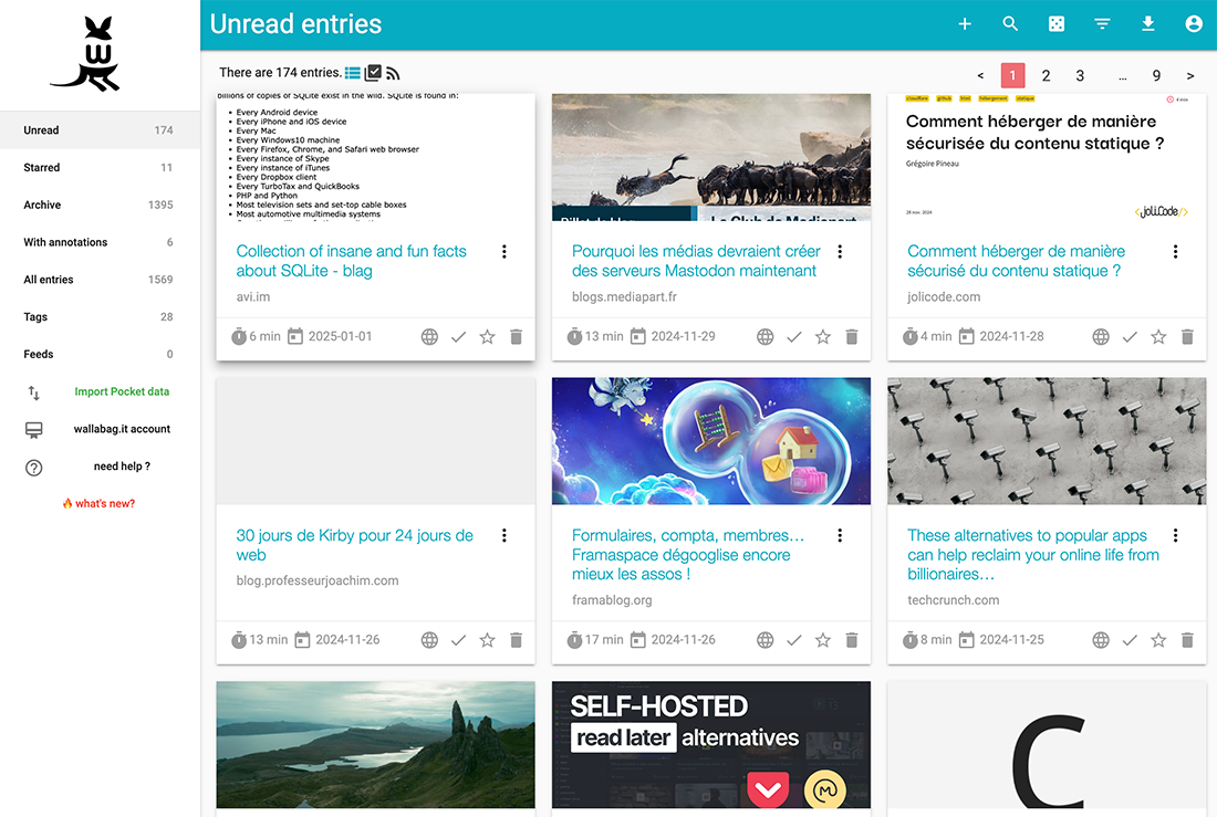 wallabag.it reading list showing saved articles.